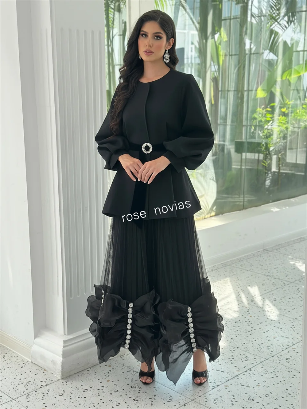 Customized Formal Evening Dress Pleat Sash Long Sleeves A-line Midi Dresses Bespoke Occasion Classic Elegant Party Glitter