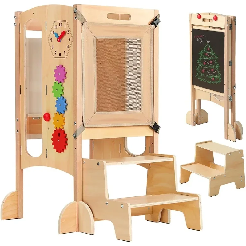 New.Toddler Tower، مساعد مقعد مطبخ للأطفال الصغار قابل للطي مع مقعد بخطوتين، مقعد خشبي للأطفال الصغار مع شبكة أمان #2