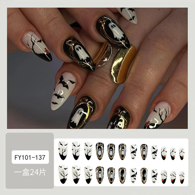 

24Pcs Long Almond Press on Nails - Halloween Party Design with White Ghosts, Black Bats, Branches, Pumpkin and Golden Circles