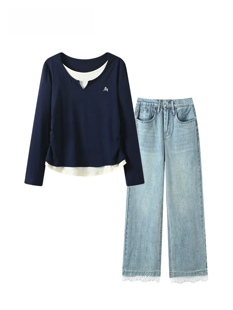 

plus Size Denim Set for Women Spring Loose Long Sve T-irt Straight Leg Pants Slimming Effect College Sle Outfit