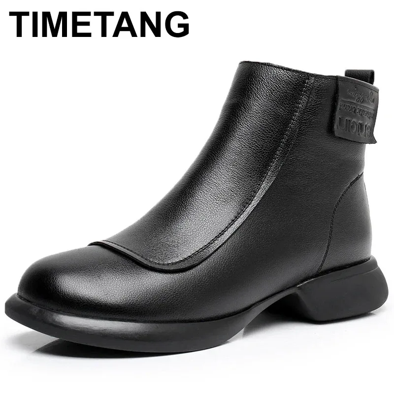 

2025 Women Shoes Round Toe Genuine Cow Leather Handmade Retro Thick Heel Casual Loafers Ladies Winter Soft Sole Plush Warm Boots