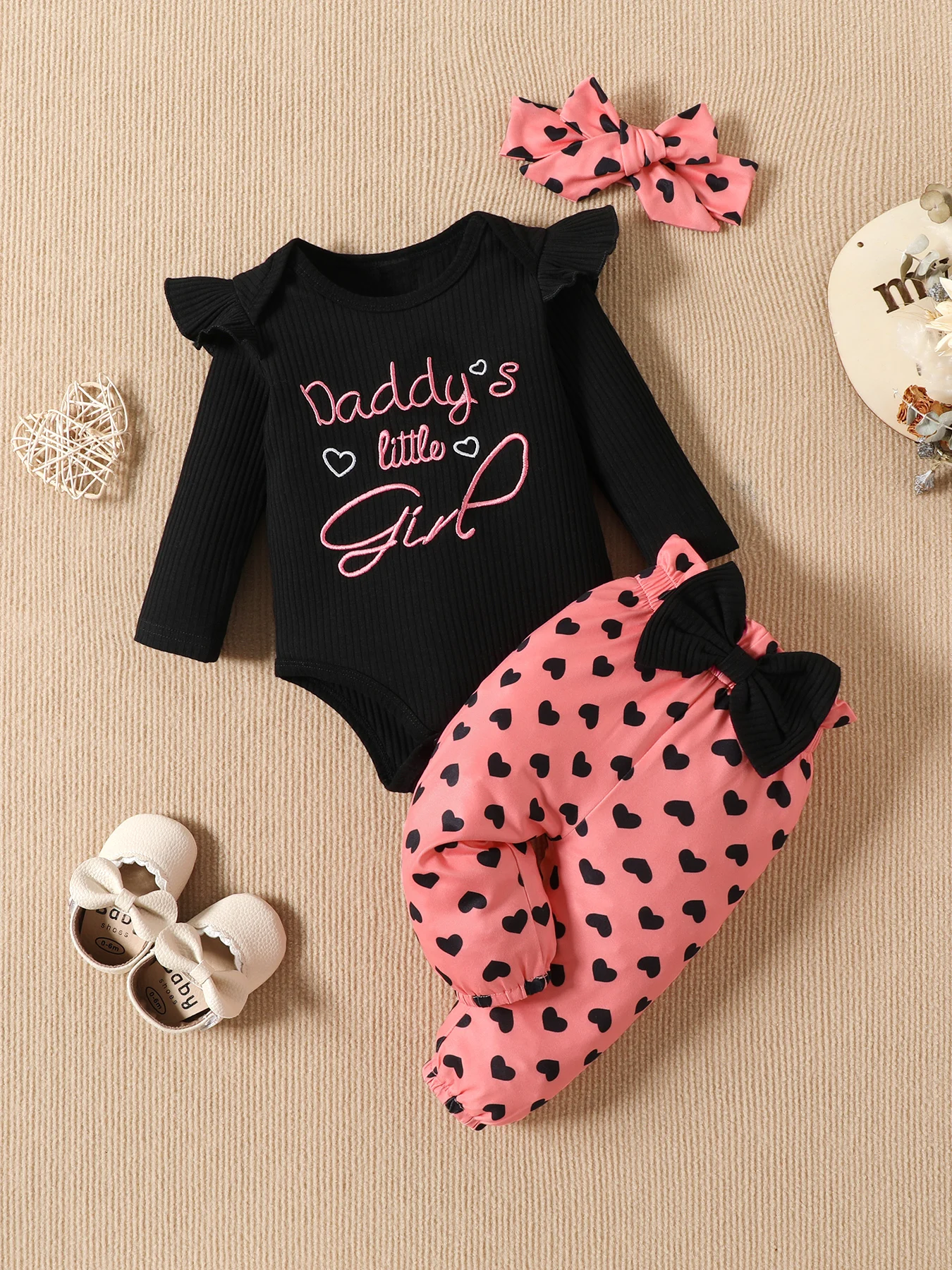 3Pcs Outfits Infant Newborn Baby Girl Spring Autumn Ribbed Solid Clothes Sets Ruffles Long Sleeve Bodysuits + Pants + Headband