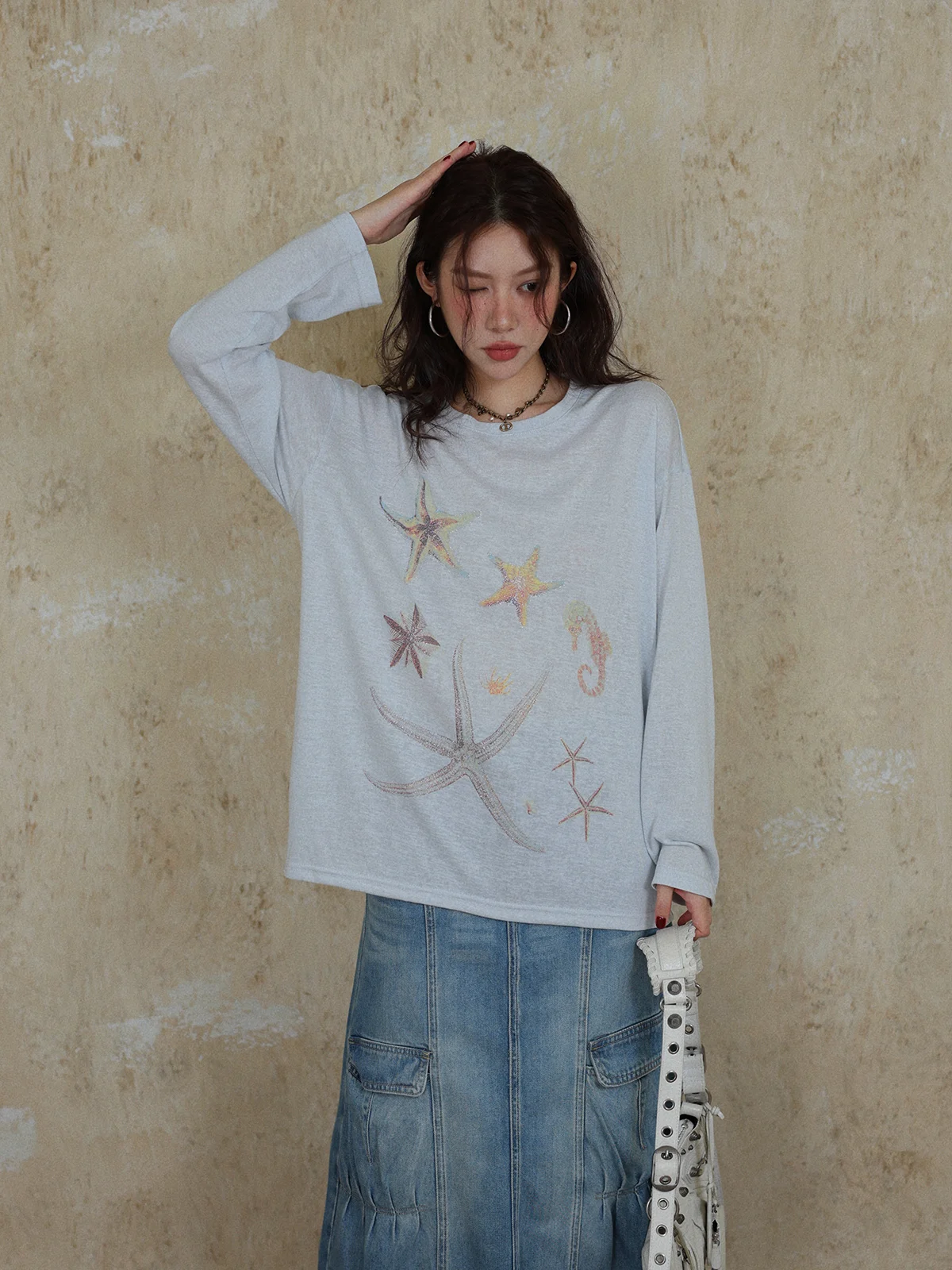 

Женская футболка DR из смесового шелка, лиоцелла и хлопка с принтом «Морская звезда», длинным рукавом и круглым вырезом, весенняя, приталенная, с защитой от солнца