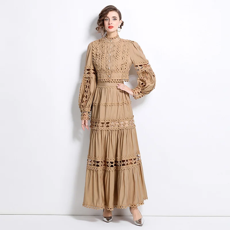 

Spring Autumn Women Elegant Skirt Suits Hollow Out Lace Patchwork Long Sleeve Crop Top And High Waist Long Skirt Two Piece Set