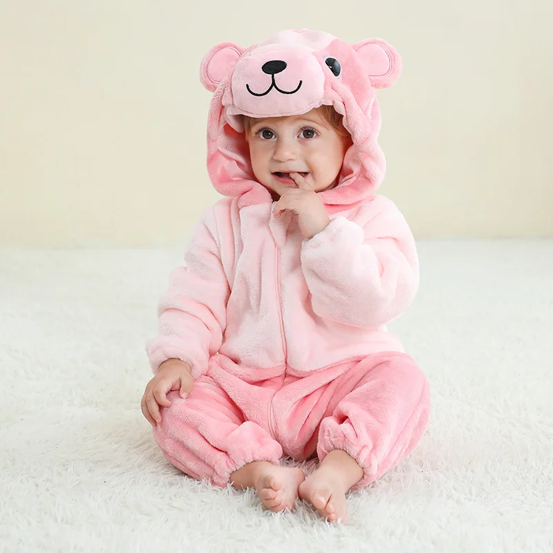 

Autumn Winter Flannel Boys Cute Pajamas Children Flannel Crawler Clothes Girls Baby Cartoon Animal Front Zipper Jumpsuits Infant