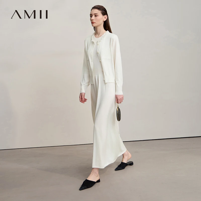 AMII Midi Dresses 2026 Autumn New Knitted Cardigan Sleeveless Long Dress Round Neck Solid Elegant Loose Ladies Clothing 12543209