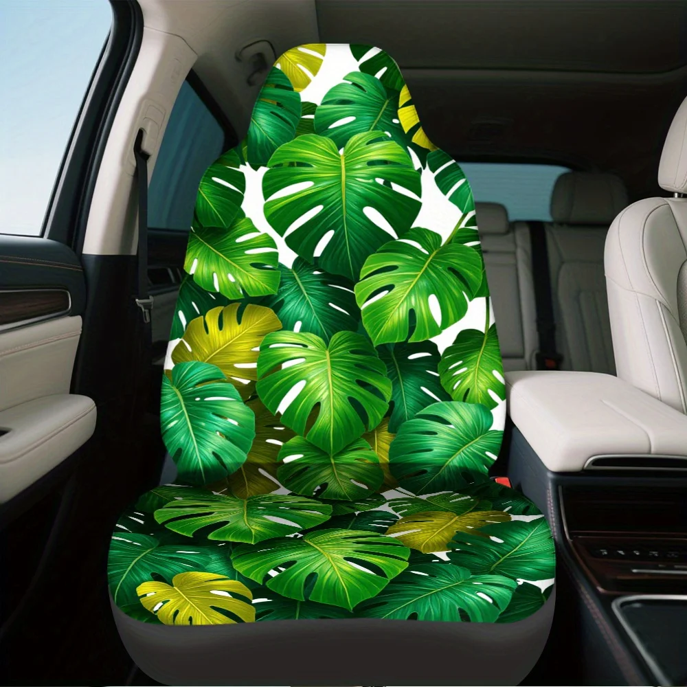 قطعتان من أغطية مقاعد السيارة المطبوعة بأوراق استوائية خضراء - قابلة للغسل، بوليستر متين، مناسب عالمي للسيارات وسيارات الدفع الرباعي والشاحنات - Gre نابضة بالحياة #4