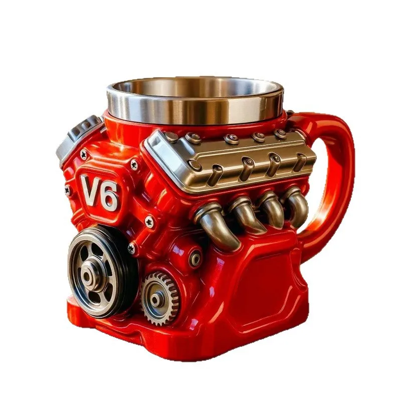 Cross Border New V8 Engine Design Stainless Steel 3D Mug Resin Craft Cup Creative Automotive Theme Drinkware Coffee Cup