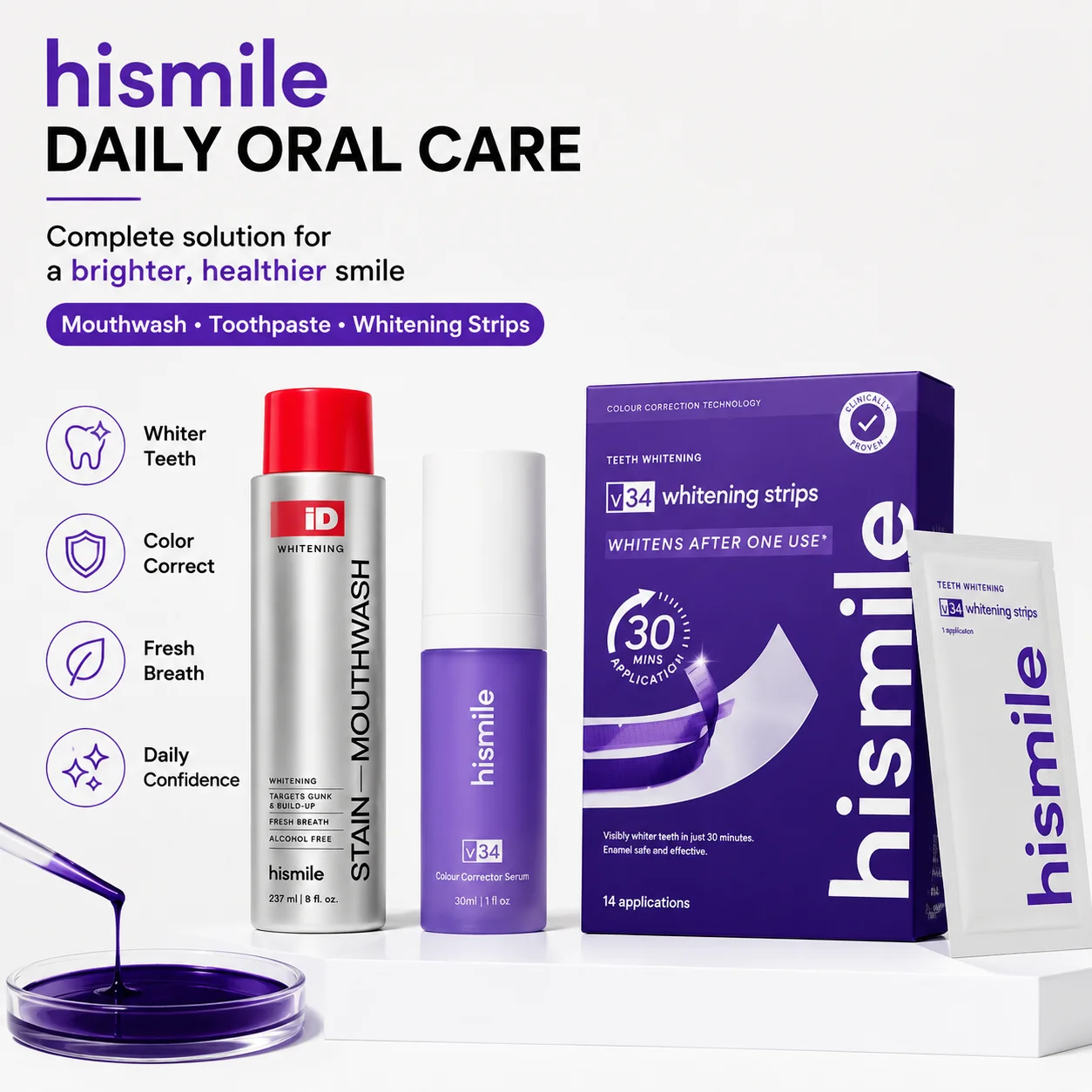 Teeth Whitening Crest - Hismile ID Fleckenentferner Mundwasser V34 Zahnaufhellungsstreifen