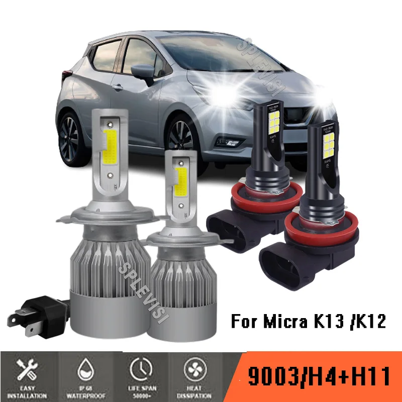 4x LED Headlight Bulbs H4 H11 High Low Fog Combo HID White For Nissan Micra K13 2010-2018 Micra K12 2003-2010