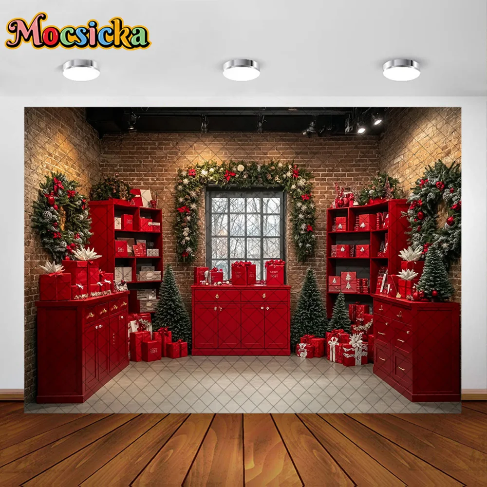 Mocsicka Photography Background Red Christmas Room Xmas Tree Wreath Decoration Backdrop Family Kids Holiday Party Prom Studio