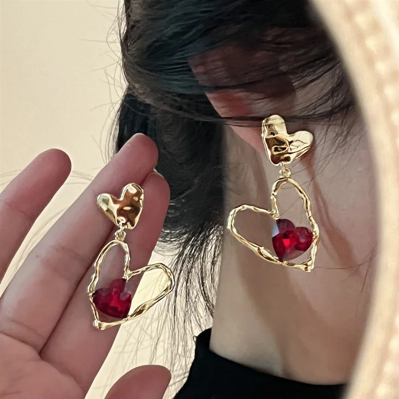 Statement Minimalist Gold Silver Color Mixed Solid Heart Pendant Drop Earrings Street Style Korean Fashion Jewelry