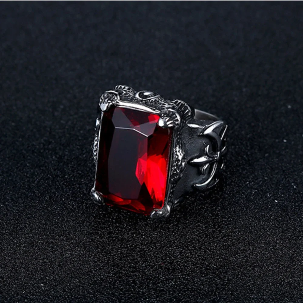 CHUANGCHENG Fashion Retro Punk Cross Ruby Stainless Steel Rings Size 7-12