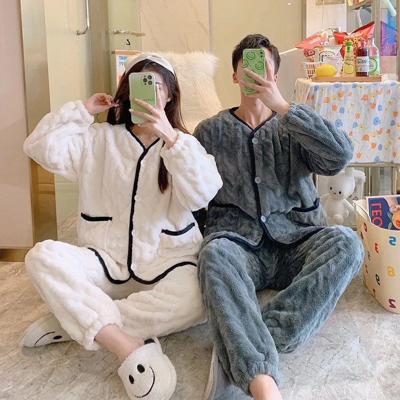 

Couple Winter Woman Soft Pajama Loungewear Flannel Pyjamas Free Shipping Warm Nightwear Clothes Lady 2 pieces Nightie