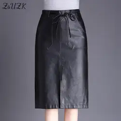 ZUZK Women PU Leather Bodycon Skirts  Spring Autumn Slit High Waist  Office Lady Straight Skirt Pocket Lace Up Knee-Length Skirt
