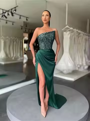 Glitter Sequin Prom Dresses Mermaid Slit Satin Evening Dress Sparkly Stretch Formal Wedding Gown with Train
