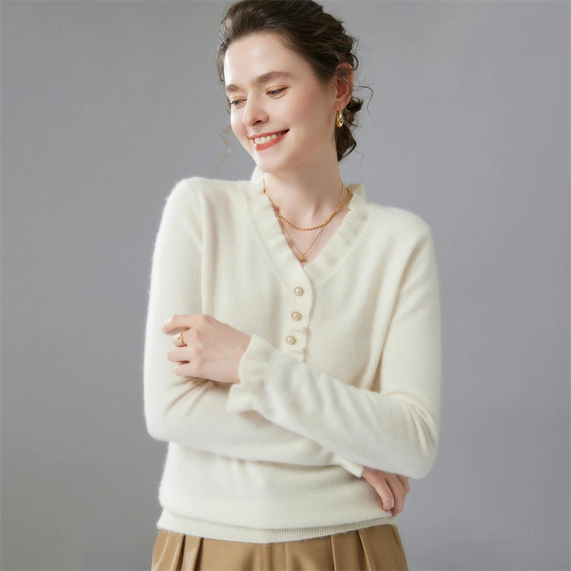 Maglione di cashmere di alta qualità da donna Pullover con scollo a V pieghettato Maglione di cashmere autunno inverno lavorato a maglia moda slim fit