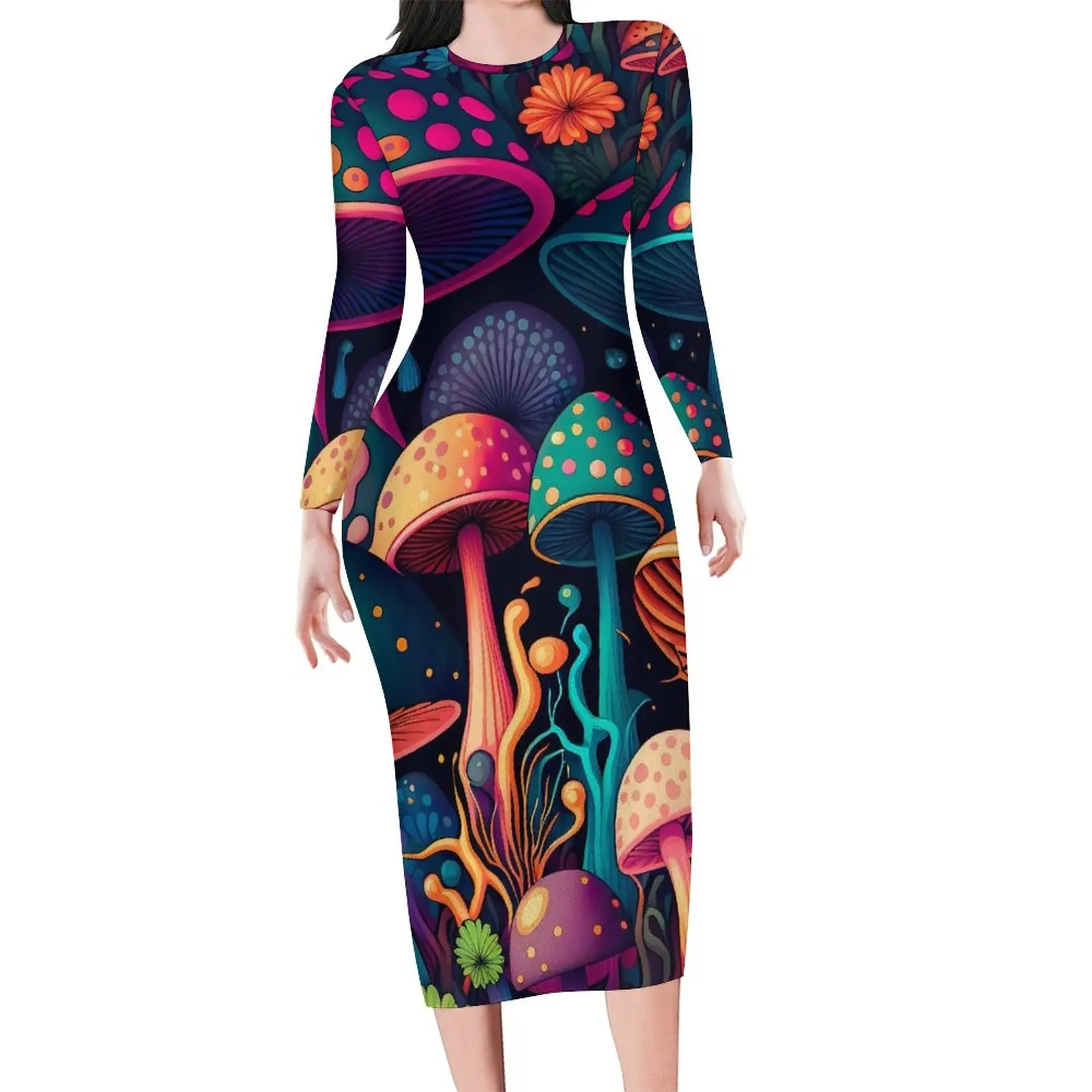 

Magic Mushroom Bodycon Dress Spring Cartoon Mushrooms Cute Dresses Female Long Sleeve Design Aesthetic Dress Large Size