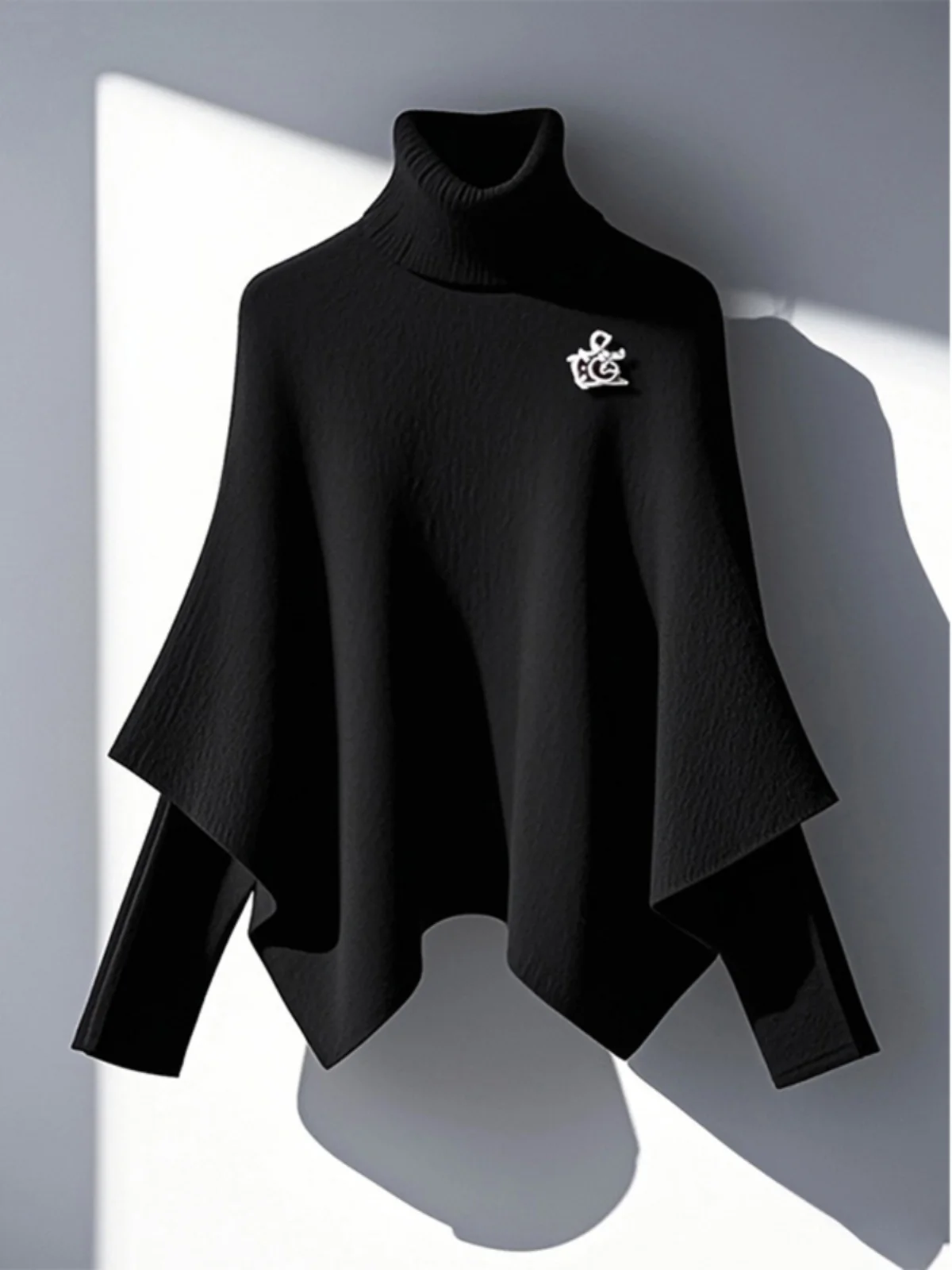 Winter Knitted Sweater Top Lazy High-End Black Fake Two-Piece Cloak Sweater Commute Style Slim Fit Long Sleeve Stand Collar
