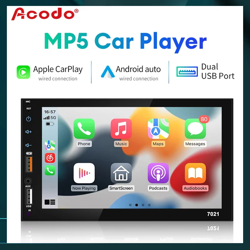 Acodo-reproductor multimedia para coche, dispositivo con pantalla táctil de 7 pulgadas, Carplay, Android, doble USB, capacitiva, HD, MP5, USB, FM, Bluetooth, tarjeta TF