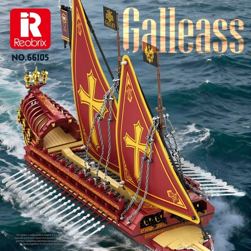66105 Galleass Galley Warship Building Blocks Large Historical Sailboat Model High Difficulty DIY Assembly Bricks Toy For Adult
