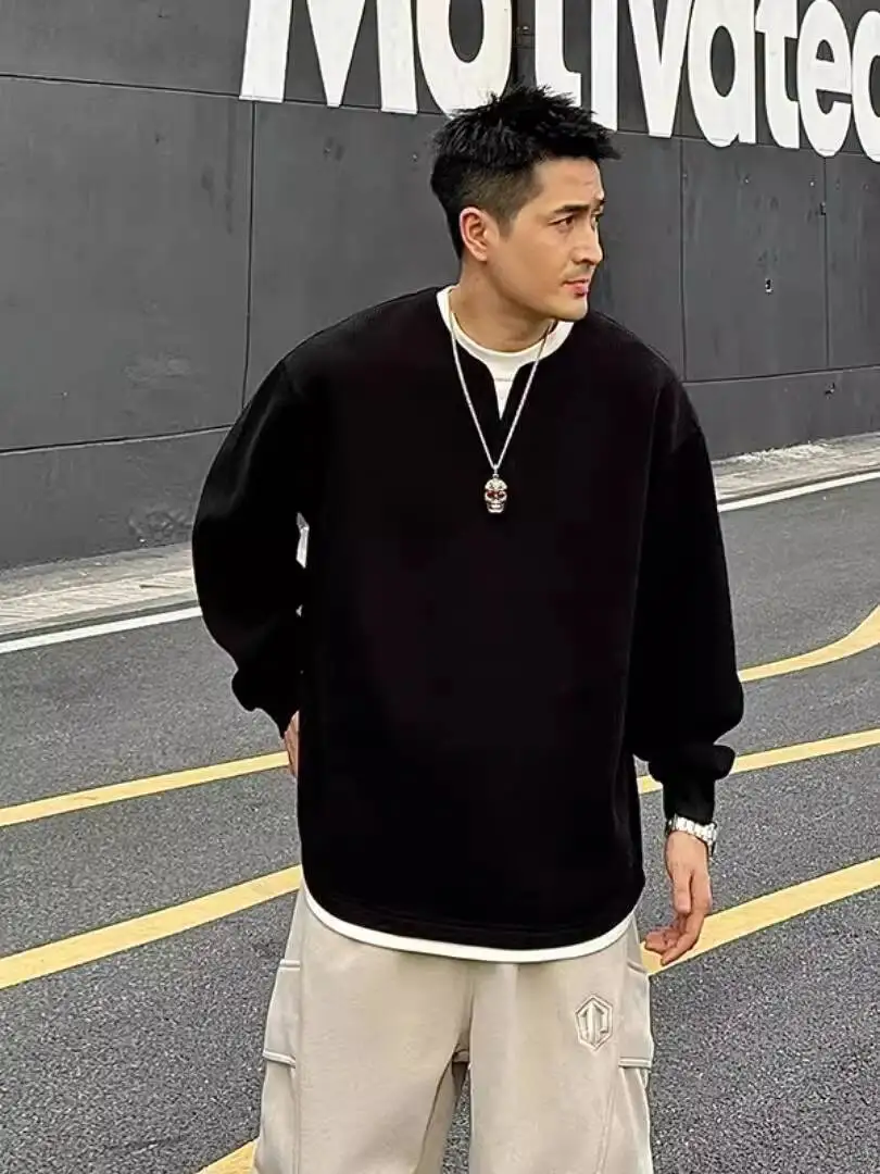 

Men's Sweatshirt 2025 Autumn Winter Waffle Knit Sweatshirt Fake Two Piece Long Sleeve Minimalist Versatile Loose Casual