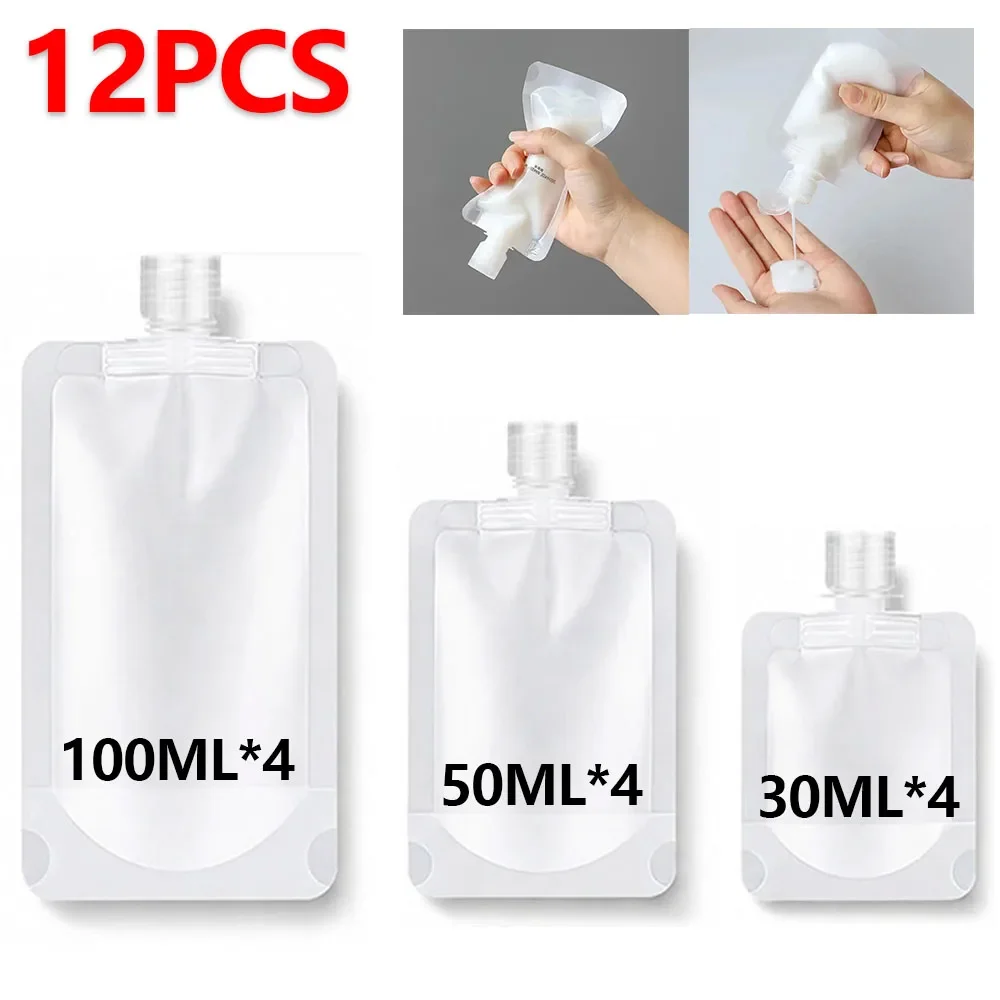 12Pcs Travel Fluid Packing Bag 30/50/100ml Portable Squeeze Liquid Pouch Stand Up Plastic Drink Bag Empty Refillable Fluid Pouch
