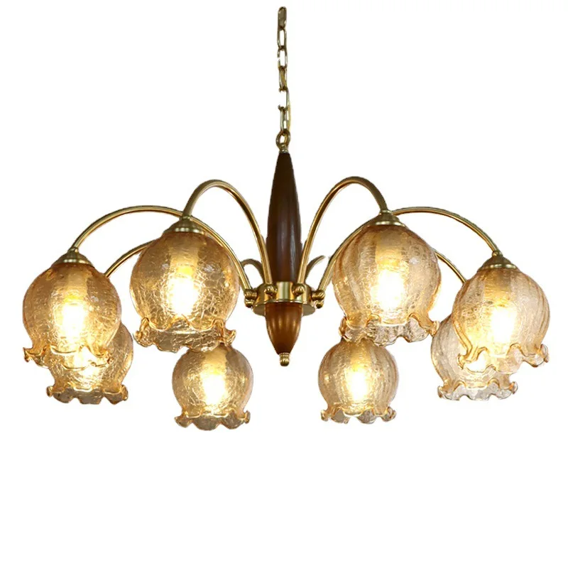 

Medieval living room chandelier, creative solid wood dining room bedroom, Japanese retro American homestay copper flower glass