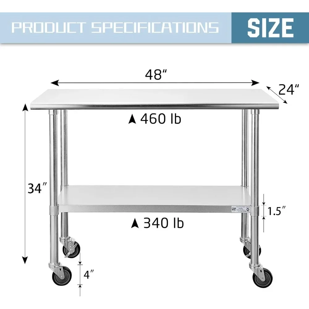 Stainless Steel Table for Prep & Work 24 X 48 Inches with Caster Wheels, with Undershelf and Galvanized Legs for Restaurant