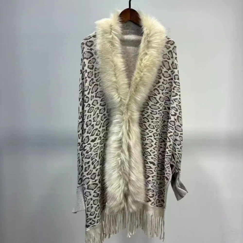 

Зимняя теплая шаль с воротником из искусственного меха в этническом стиле, полосатое монгольское пончо, кардиган с леопардовым принтом, шаль с кисточками на осень-зиму