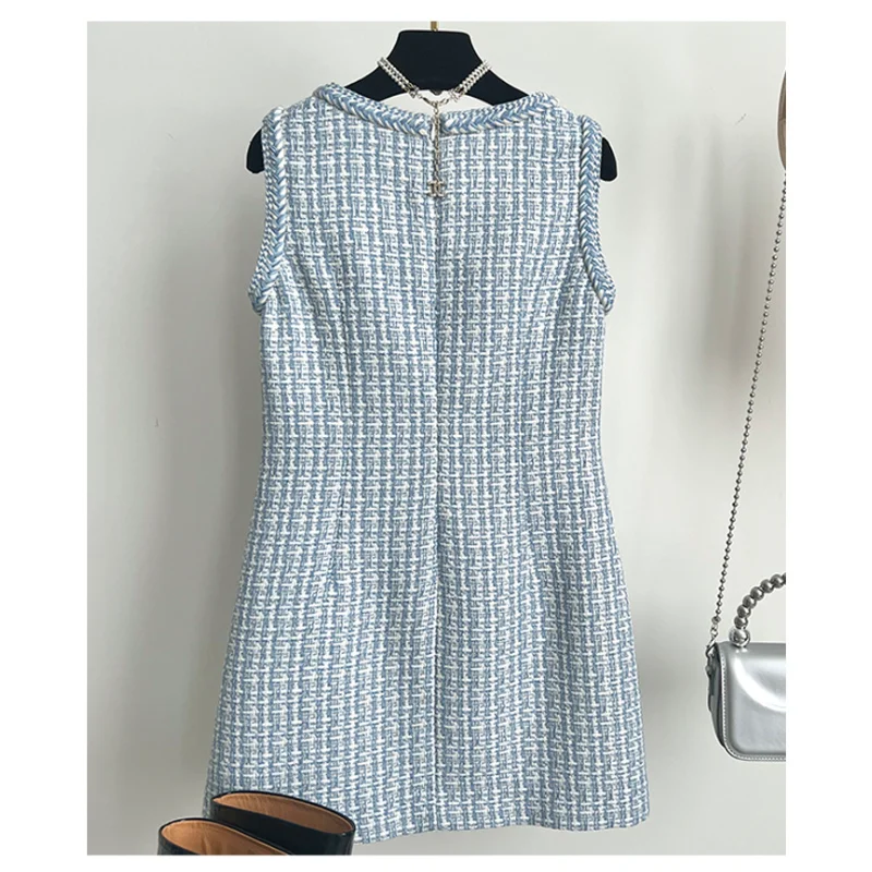 Women Small Fragrance Blue White Plaid Sleeveless Short Dress High Quality Sweet Fresh Tweed Lace French Chic Lady Vest Dress