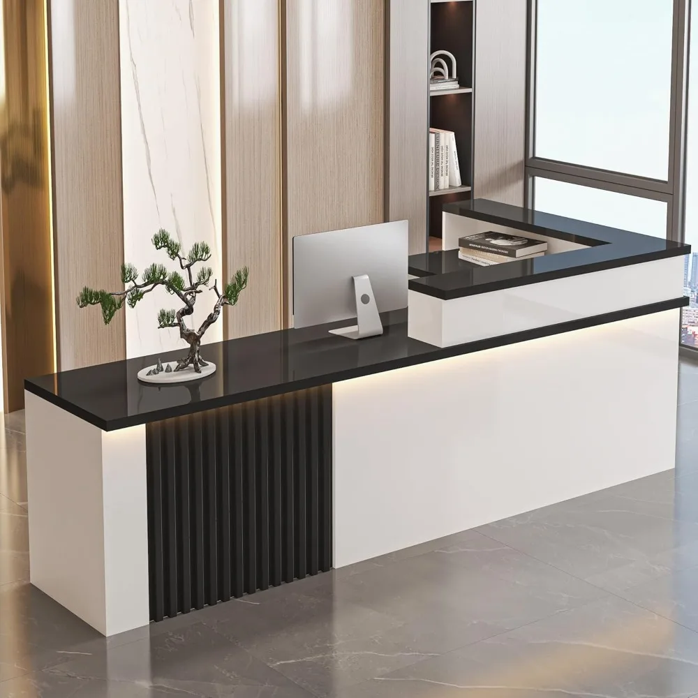 

L Shaped Reception Desk with Counter, Front Desk Reception Counter with Lockable Drawer & Door Cabinet, Salon Reception Desk for