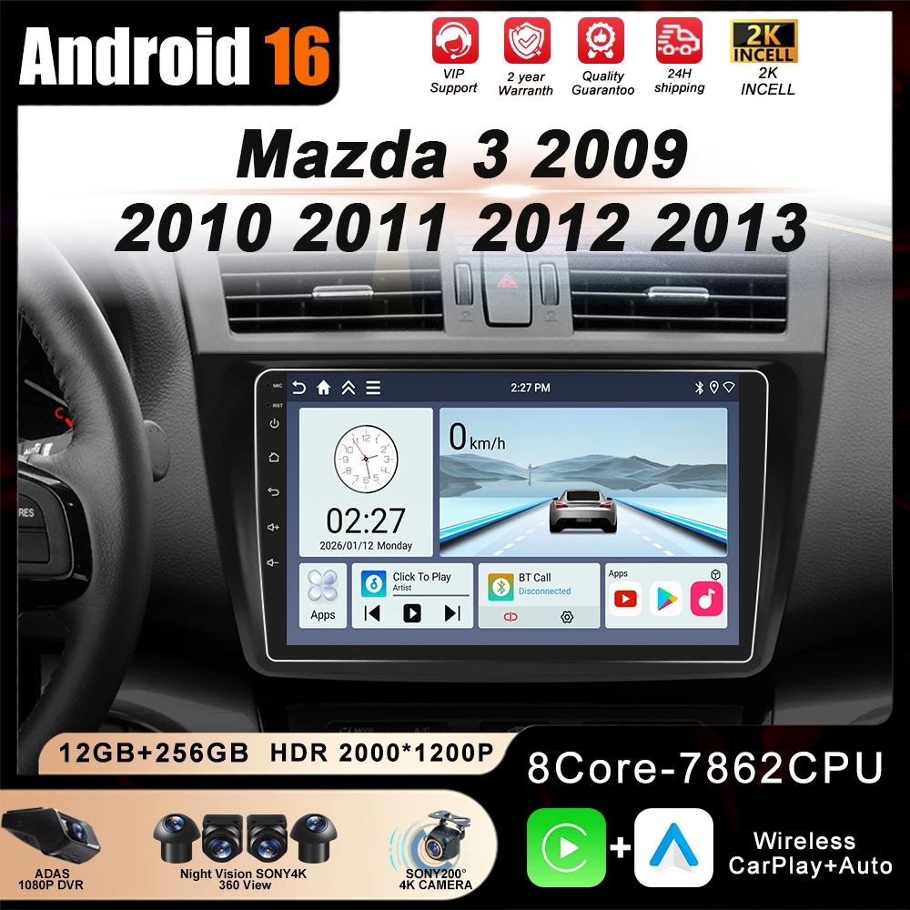 Rádio de Carro para Mazda 3 2009 2010 2011 2012 2013, Player Multimídia Android 16, Navegação GPS 4G, Carplay, Unidade Principal DVD, Não 2 Din, BT