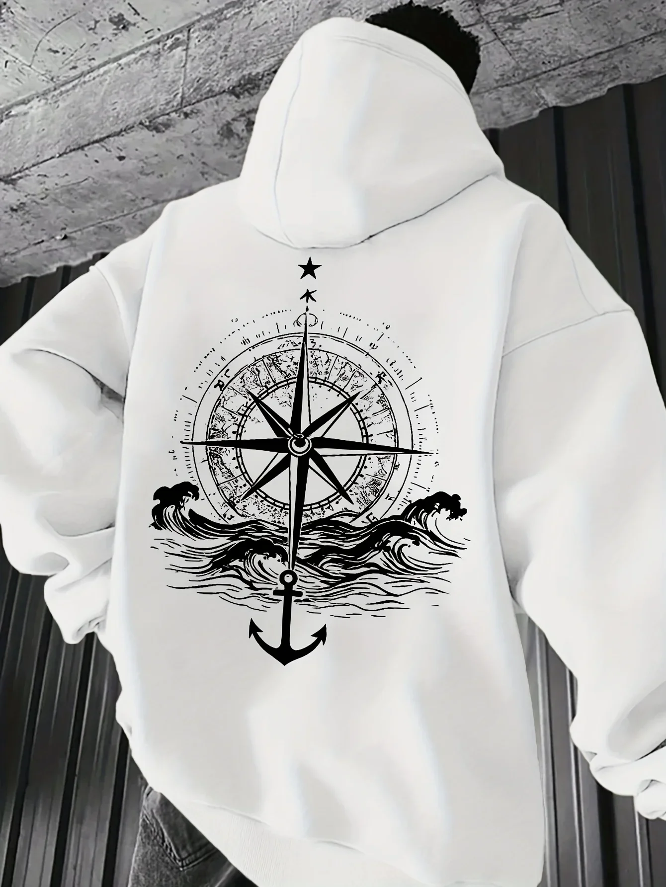 Men's Oversized Hoodie Compass Graphic Print Sweatshirt Vintage Streetwear Pullover Hooded Top Casual Nautical Style Autumn