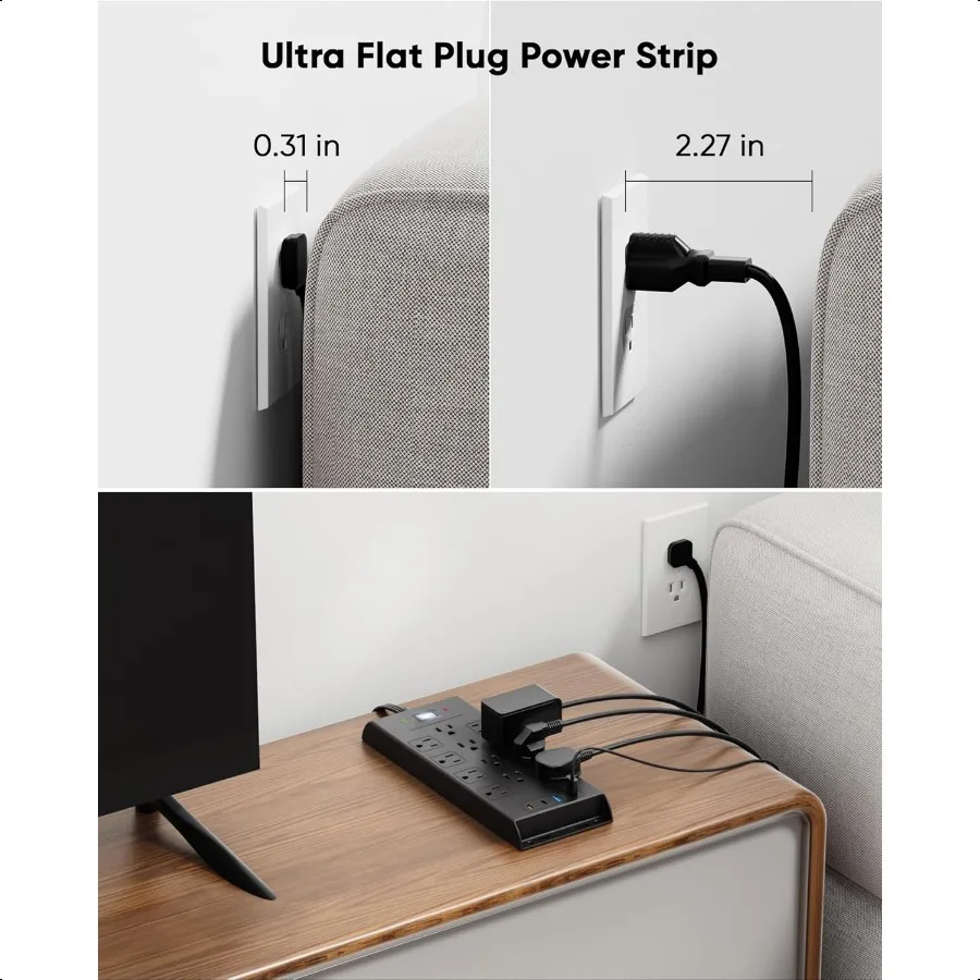 عرام حامي قطاع الطاقة 4800J LeZone 10Ft سلك تمديد طويل قابس مسطح 12 منافذ 2 USB C 2 منافذ USB جدار قابل للتركيب 20 واط D