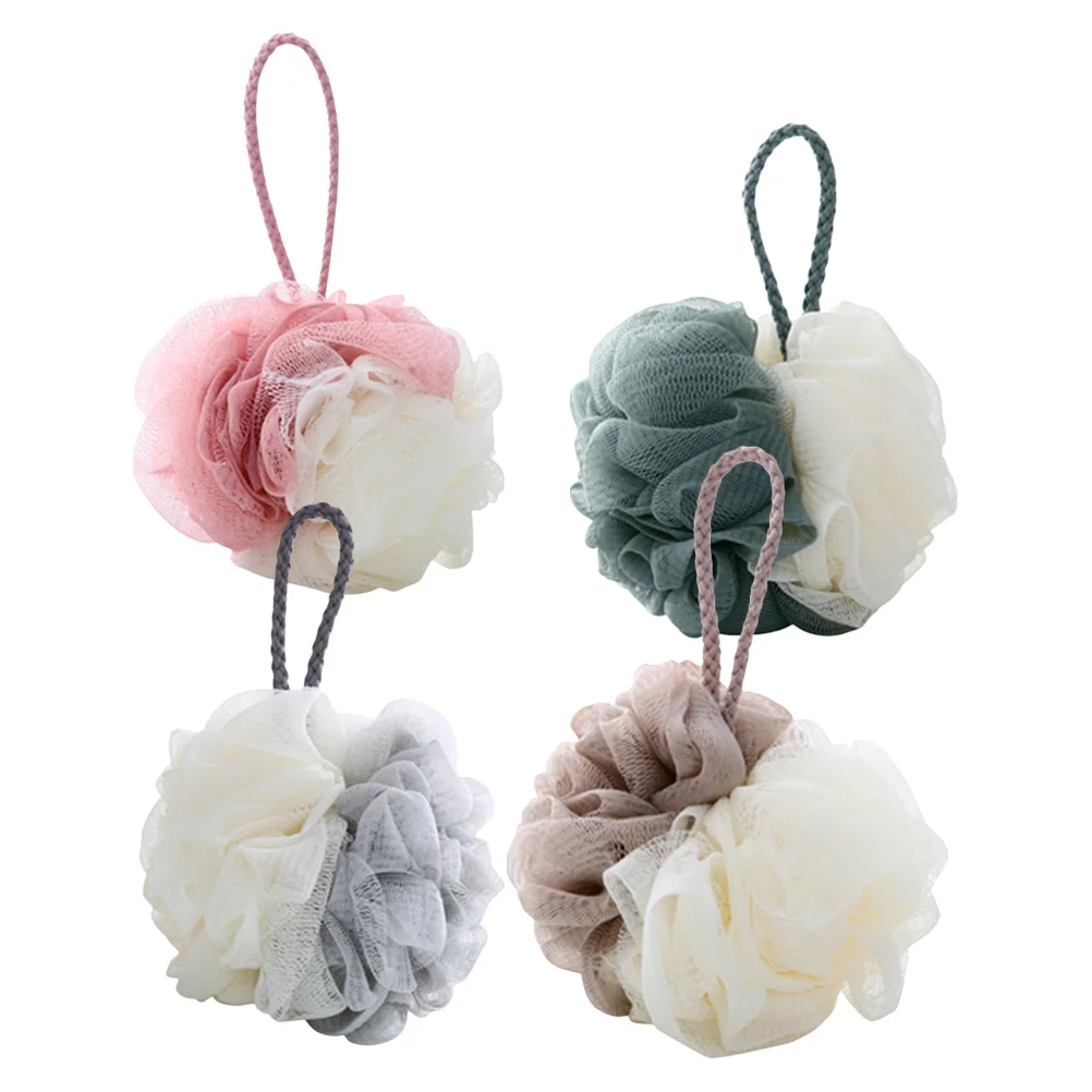 

4 pcs Bath Ball Large Double Color Mesh Sponge For Exfoliating Cleansing Skin Soft Friction Shower Ball With Hanging Rope Home