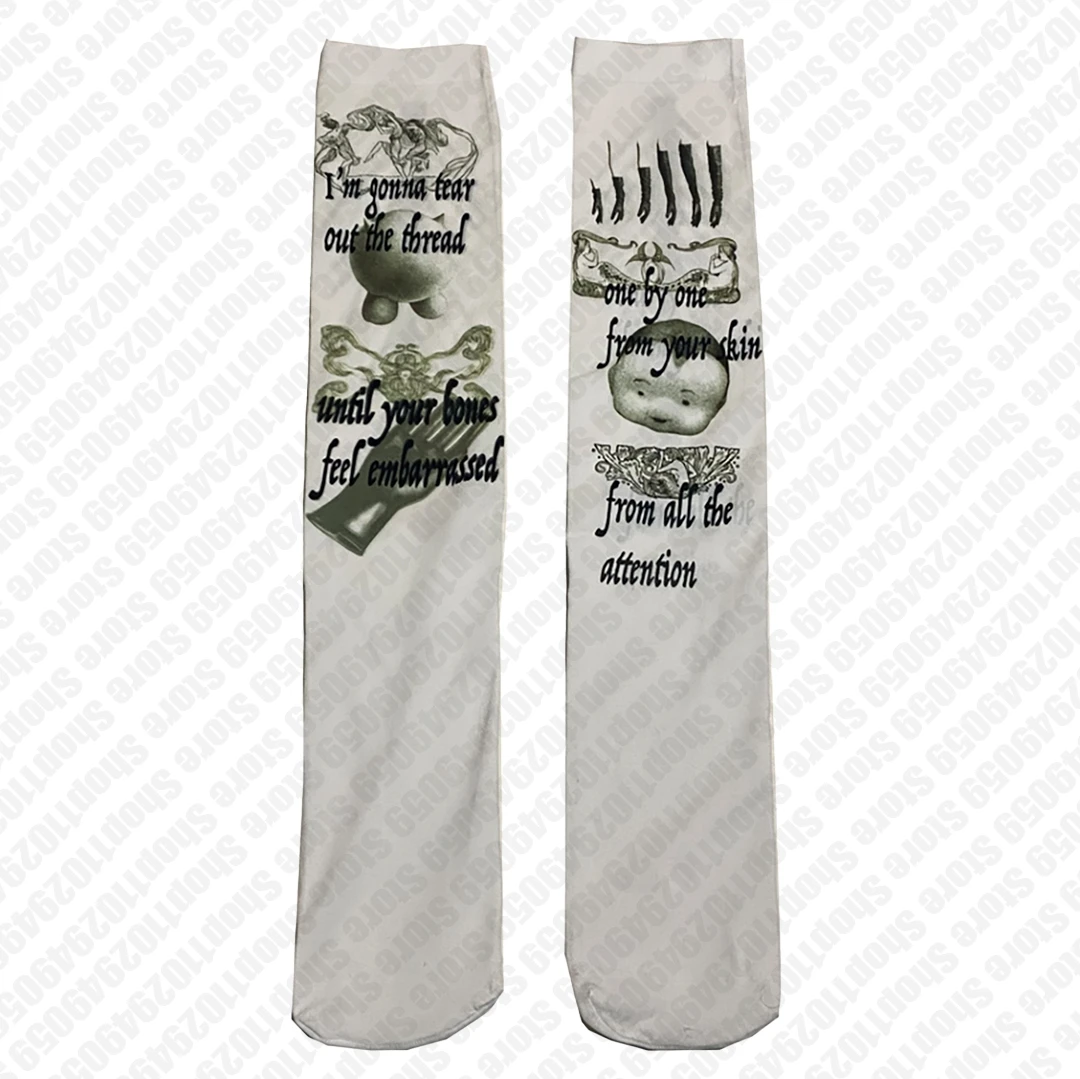 Y2k Style Harajuku Kawaii White Cartoon Print Long Socks Women Girl Y2K JK Cosplay Cute Stockings Chic Streetwear 2000s Emo Girl