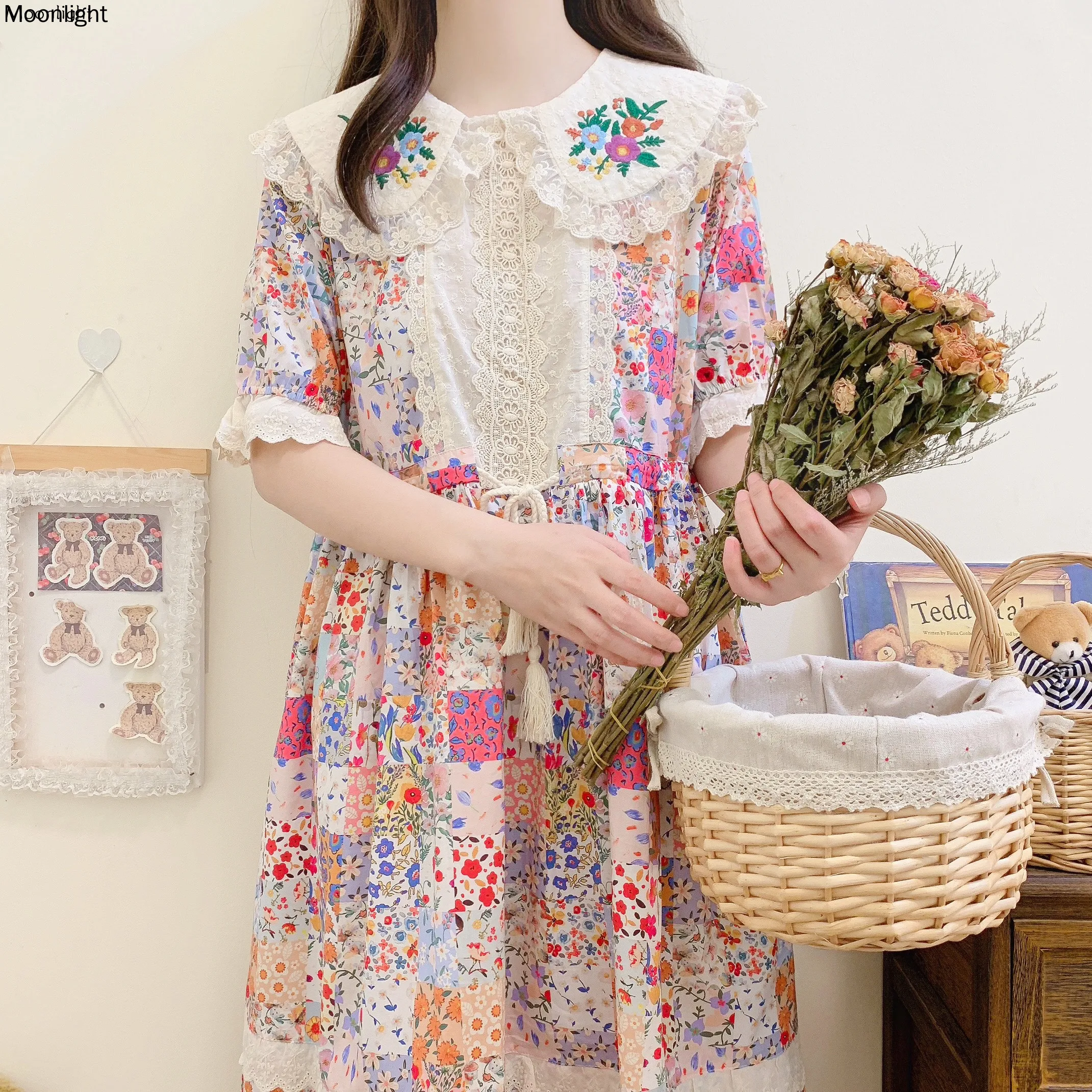 

Vintage Embroidery Mori Girl Dresses Cotton Floral Print Lace Peter Pan Collar Dress Korean Preppy Style Kawaii Lolita Vestidos