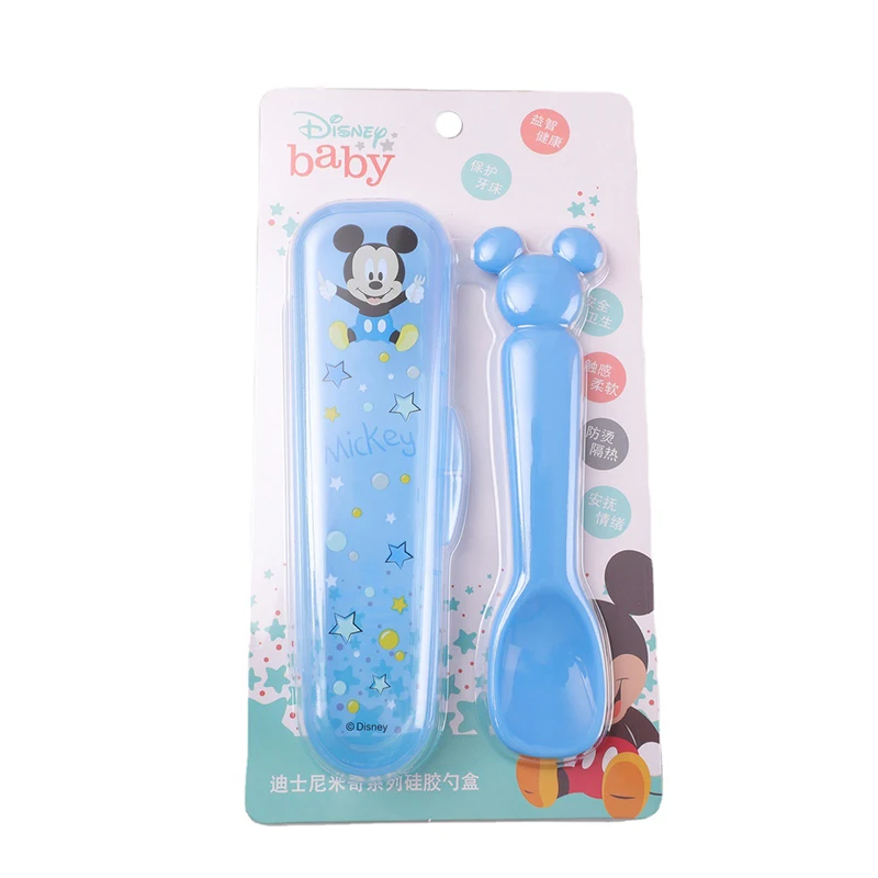 Silicone Spoon Soft Spoon Baby Disney Spoon Feeding Tableware Rice Spoon Food Grade Cartoon Mickey New Box Blue Pink Spoon