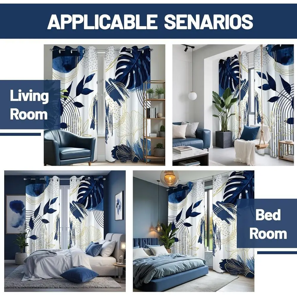 ستائر النخيل الحديثة باللونين الأزرق الداكن والأبيض في منتصف القرن، طراز بوهو، 96 طول، 2 لوحة، 52x96