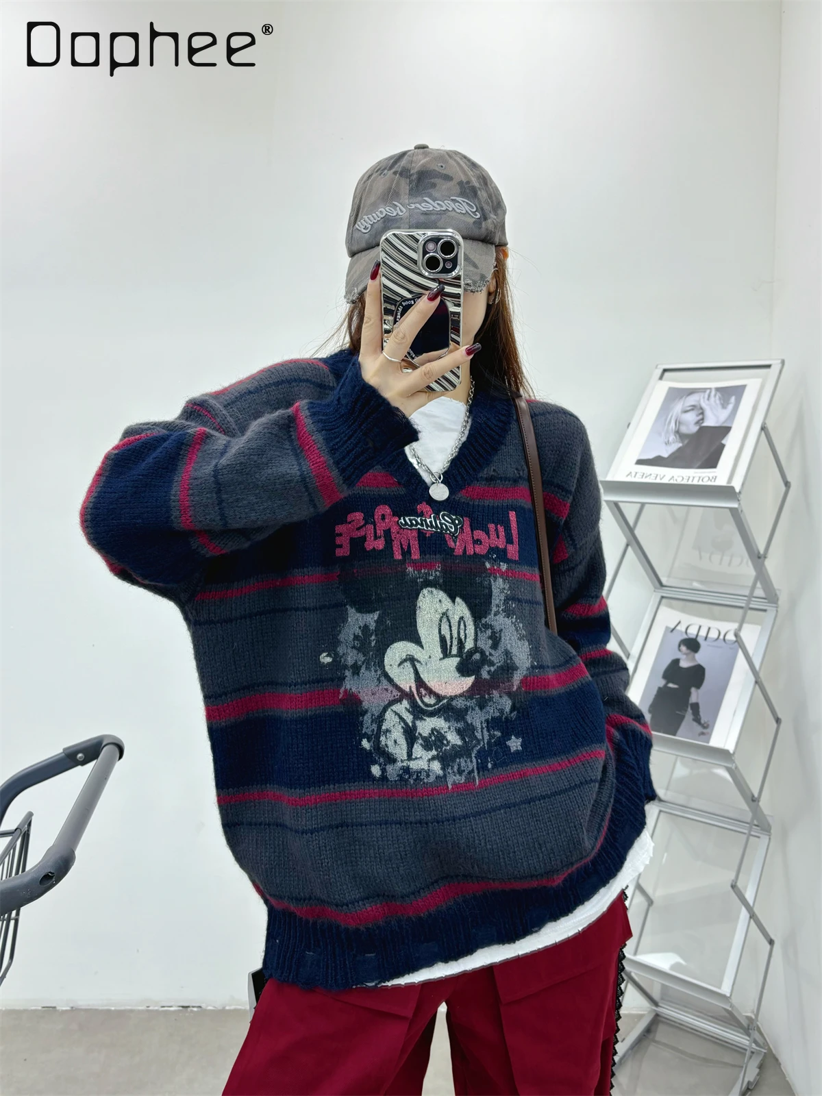 

European Station Autumn and Winter Casual Loose Crew Neck V-Neck Striped Sweater Women's Cartoon Knitted Sweater 2024 New