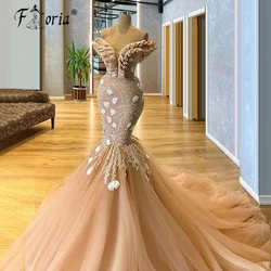 2024 Gorgeous Champagne Mermaid Evening Dresses Floral Applique Ruffles Off Shoulder Prom Gowns Celebrity Party Vestido De Novia