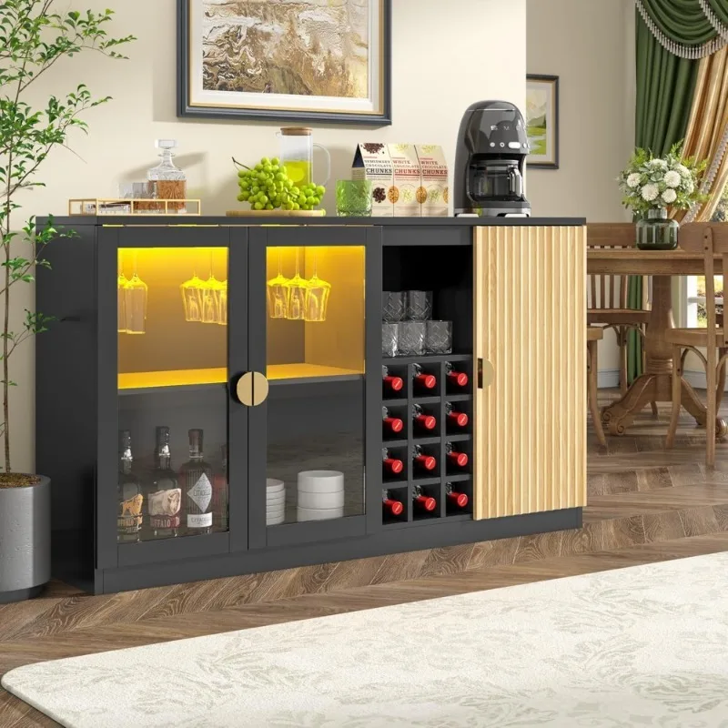 

Современный винный шкаф-бар с LED-подсветкой, держателем для бокалов, большой буфет для хранения, для кухни и столовой, черный