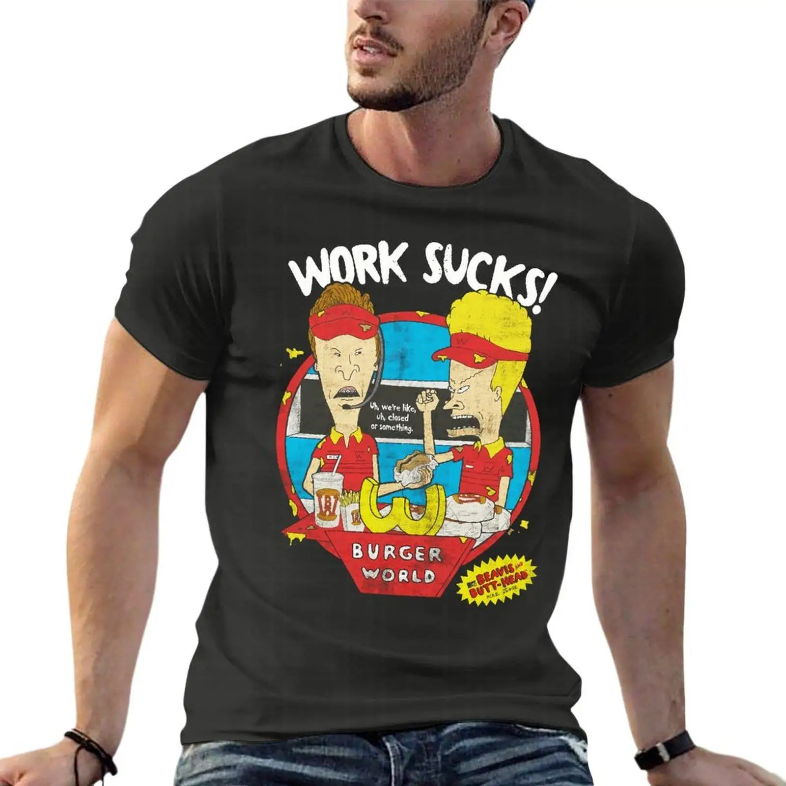 Beavis Butthead Work Sucks  Funny Oversize T-Shirts Fashion Men Clothing Short Sleeve Streetwear Big Size Top Tee