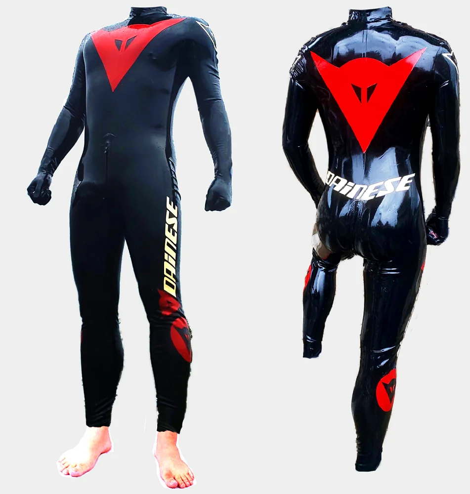 100% Latex Rubber Gummi Black Racing Bodysuit Catsuit Zentai 0.4mm S-XXL club