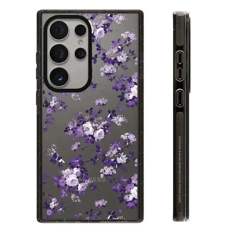 

Pink Purple Flower Acrylic Black Border Protective Case for Samsung Galaxy S22U S23U S24 Ultra Shell