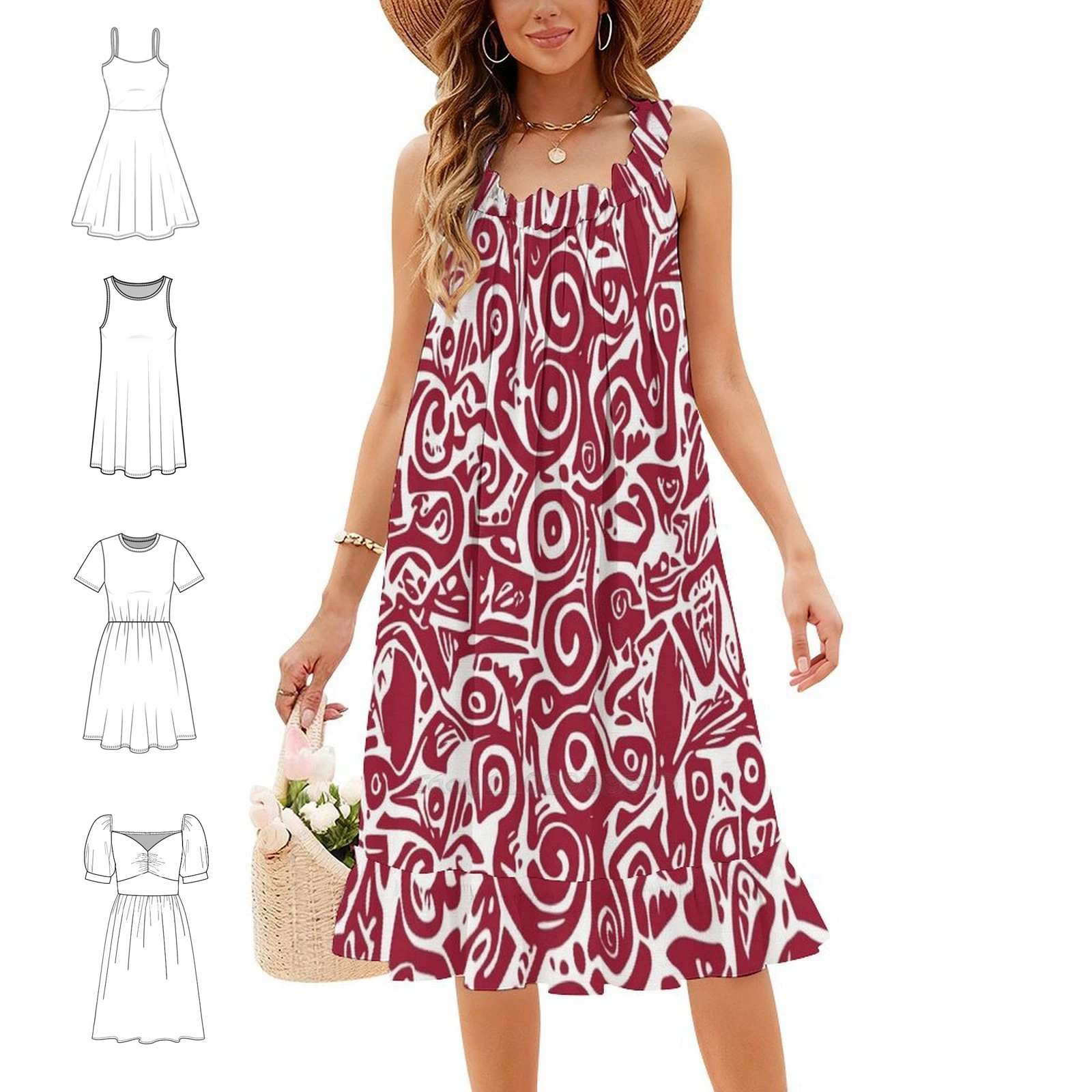 Elgin Abstract / Geometric Design. In Saffron Red And Bohemian Sleeveless Dress For Women Print Beach Party Dresses Elgin
