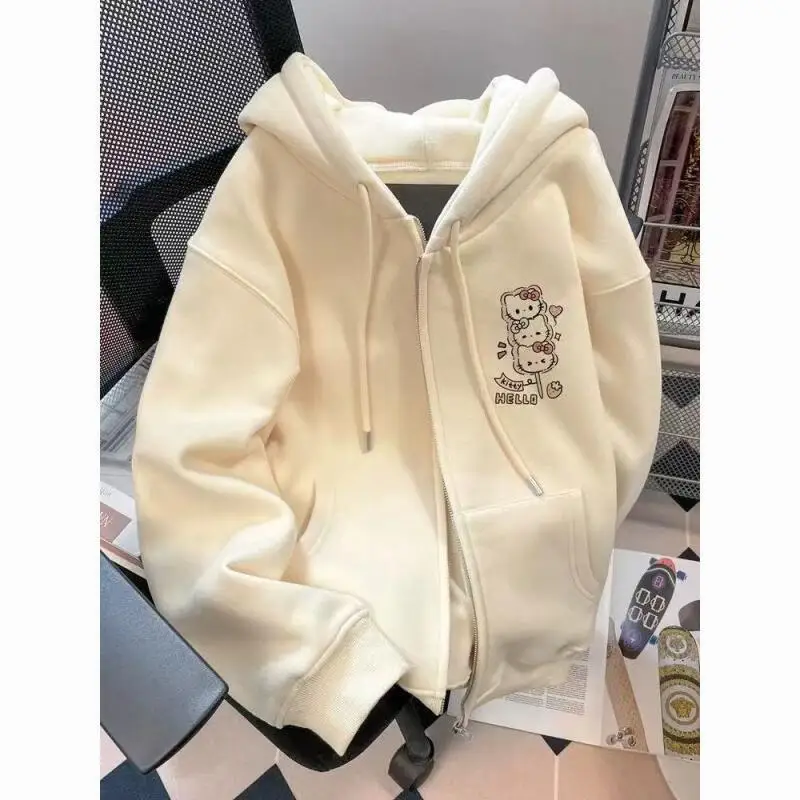 

Sanrios Cute Jacket Hello Kittys Girly Sweatshirt Cardigan Casual Comfortable Hooded Versatile Sweet Loose Printed Hot Selling