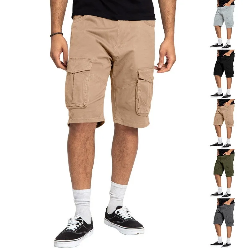 

Summer Cargo Shorts Cotton Blend Knee Length Shorts Black Flap Pocket Work Shorts Khaki Utility Shorts Olive Green Flat Front