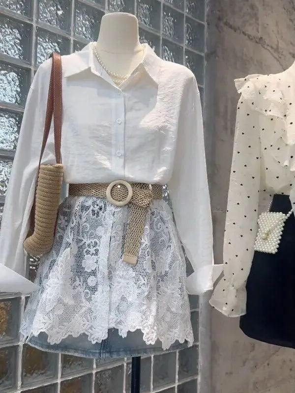

Lace Splice Long Sleeve Loose Shirt Women's Summer New Design Turn-down Collar Breathable Comfortable Citywalk Casual Shirt
